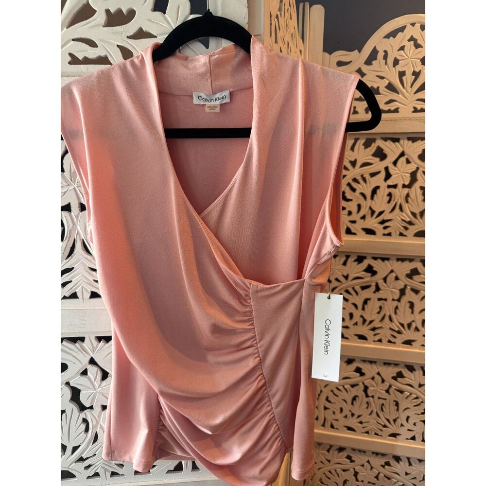 Calvin Klein Sleeveless Gathered V-neck Blouse soft Pink Hue NWT Size Med